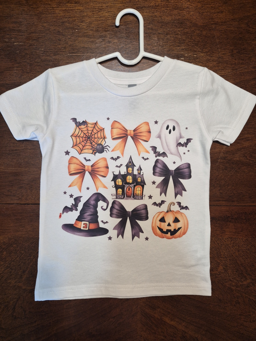 Coquette Bow Girls Halloween Graphic Tee - White with Orange & Black Prints